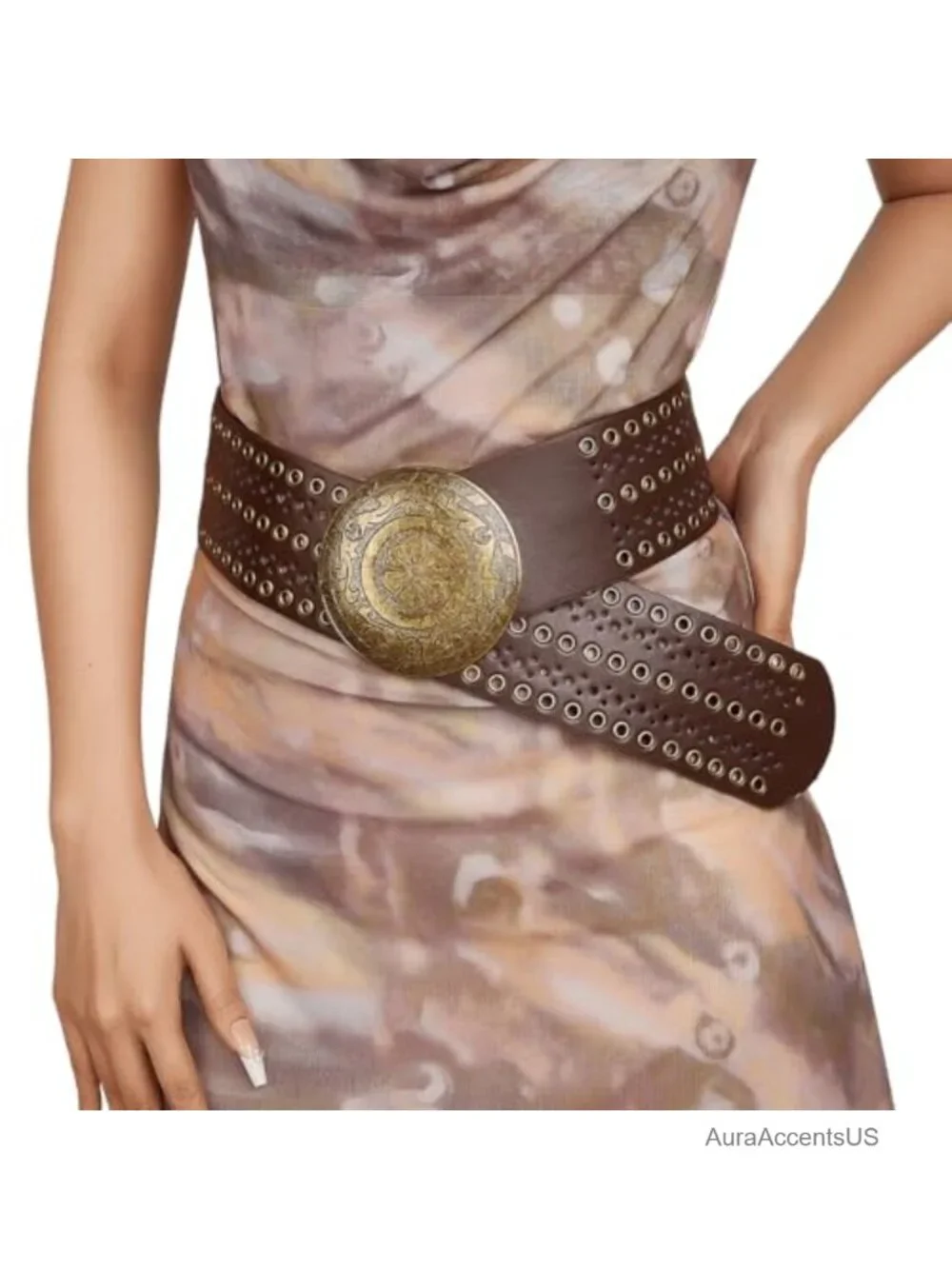 Women Boho Western PU-Leather Belt Floral Embossed Concho